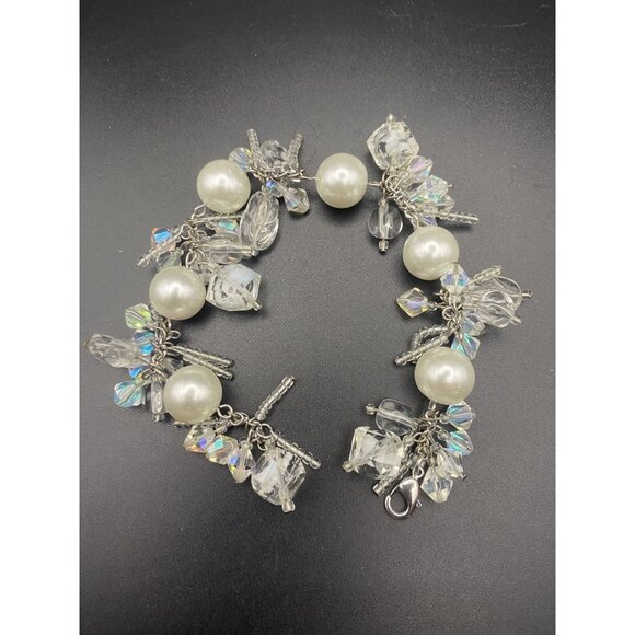 Faux White Pearl Bracelet AB Crystal Silver Tone Bridal Prom Pageant Fits  6.5" - Picture 6 of 8